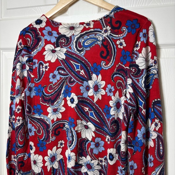 Talbots Audrey Sweater Large 100% Pure Merino Wool Long Sleeve Floral Red Blue - Picture 4 of 11